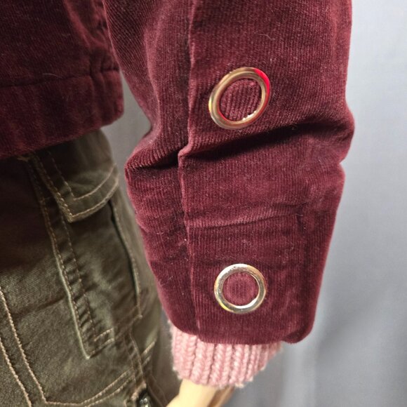 Y2K Lady Dutch Fitted Jacket Coat Size L Burgundy Corduroy Pink Knit Hooded - Picture 12 of 16